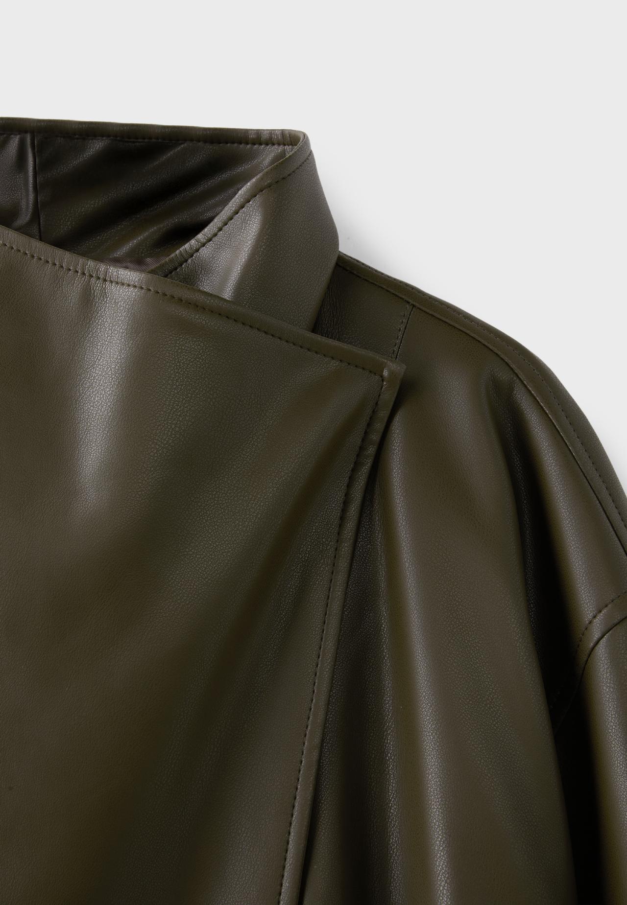 Long leather effect waterfall collar trench coat — Khaki