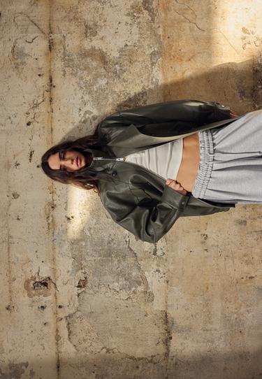 Oversize leather effect jacket with buttons — Khaki 1