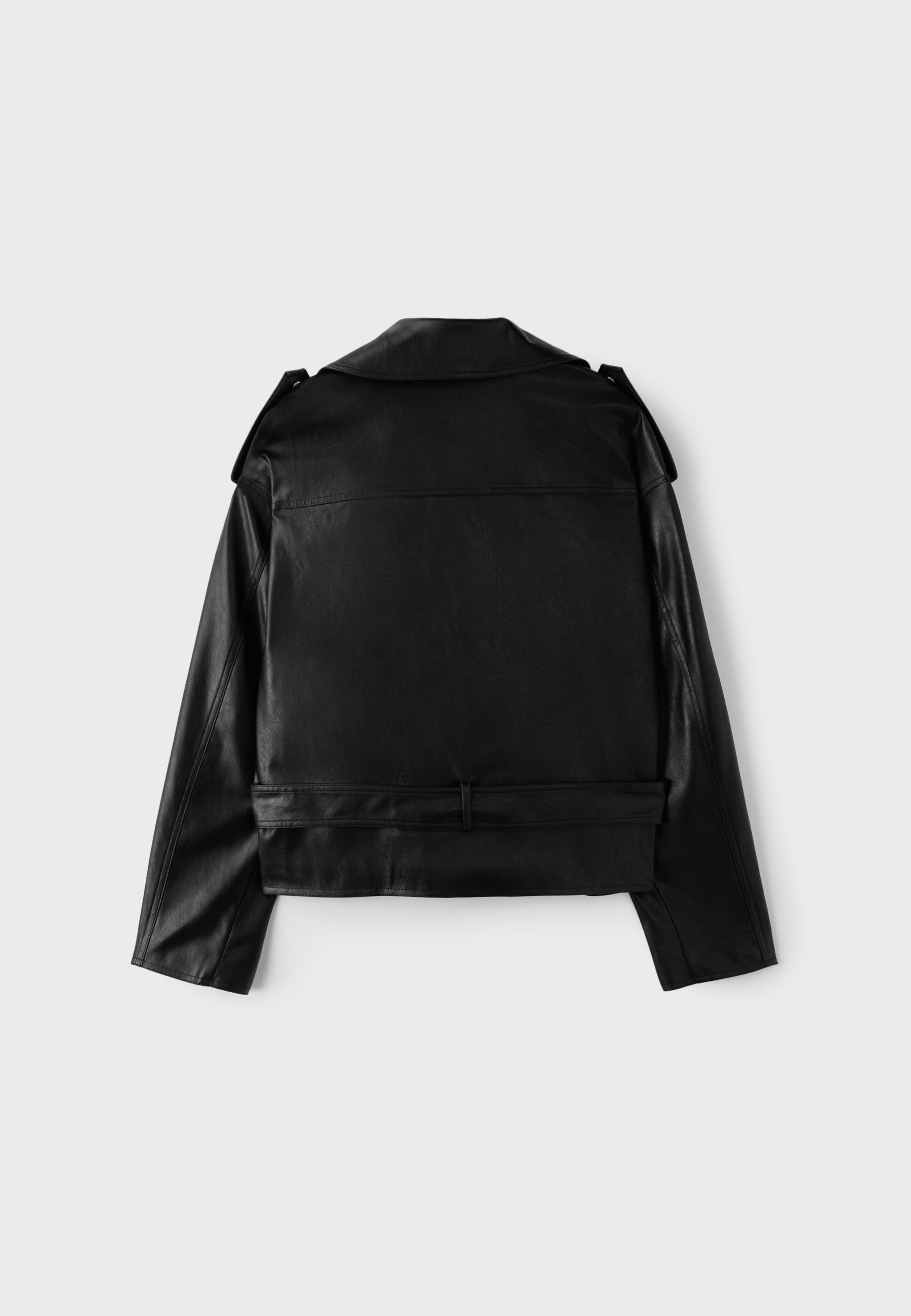 Leather effect biker jacket with belt — Black