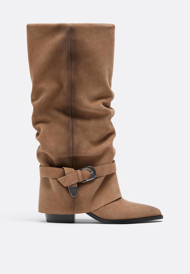 Stradivarius Joots-Stiefel aus Leder mit Absatz BEIGE 36