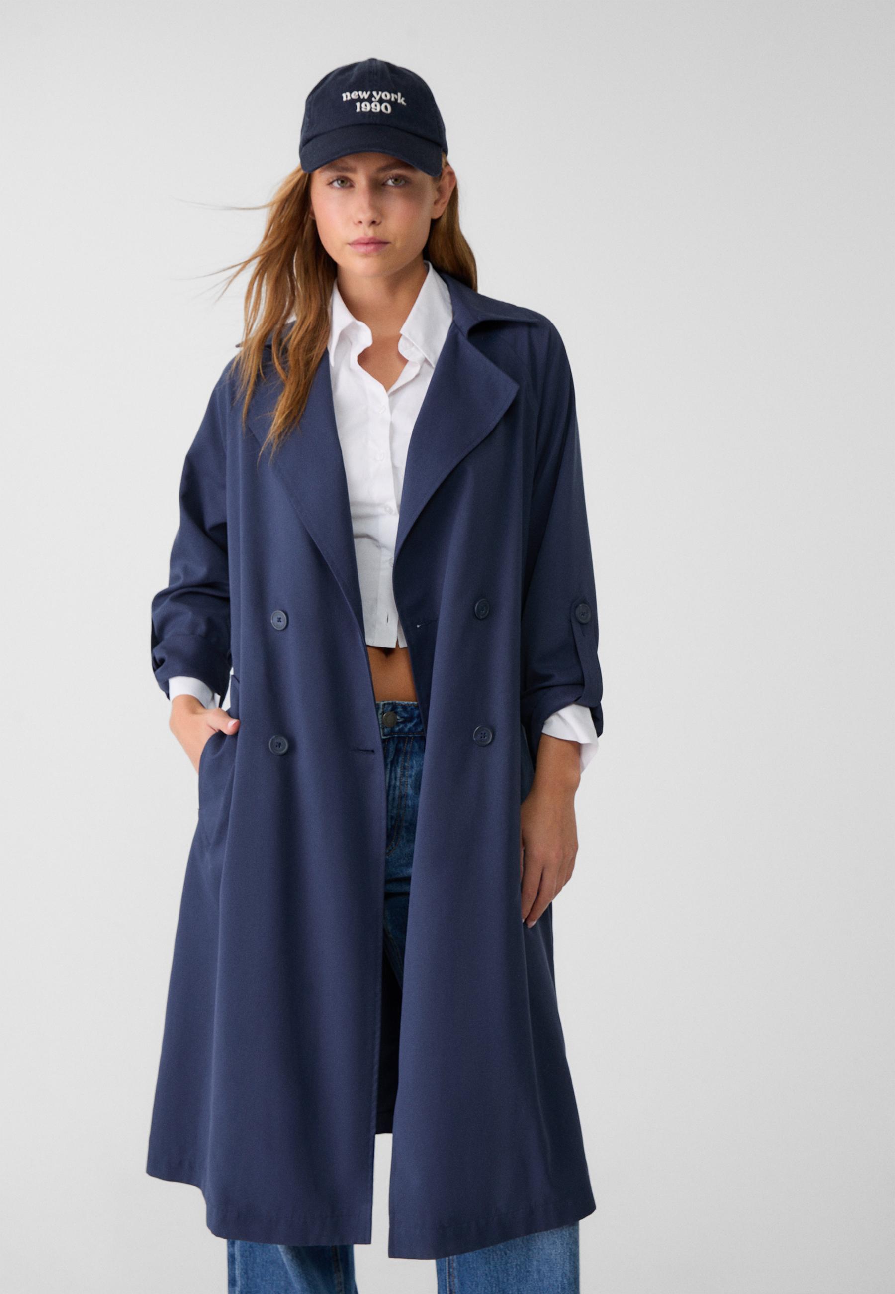 Stradivarius Trench Largo Fluido Marino 28 Mujer