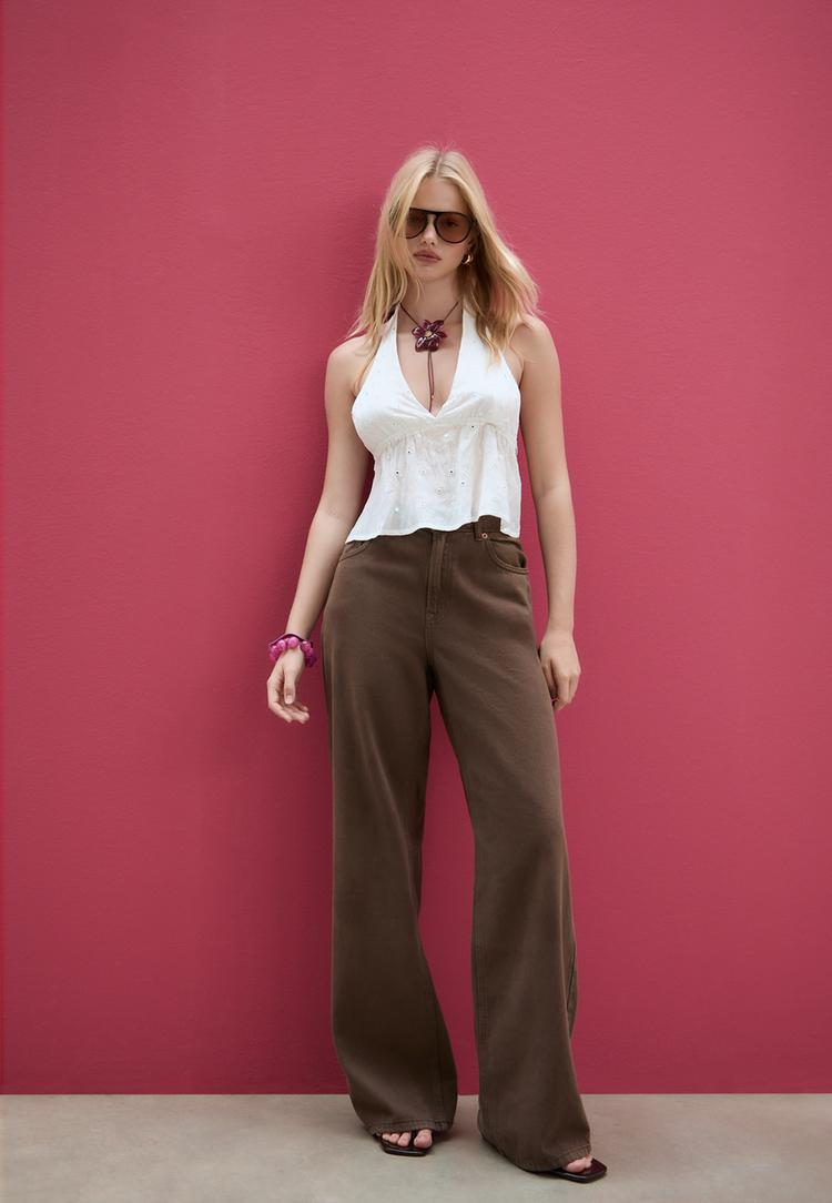 Stradivarius Top Fluid Halter Detalii Strălucitoare Ecru Xl