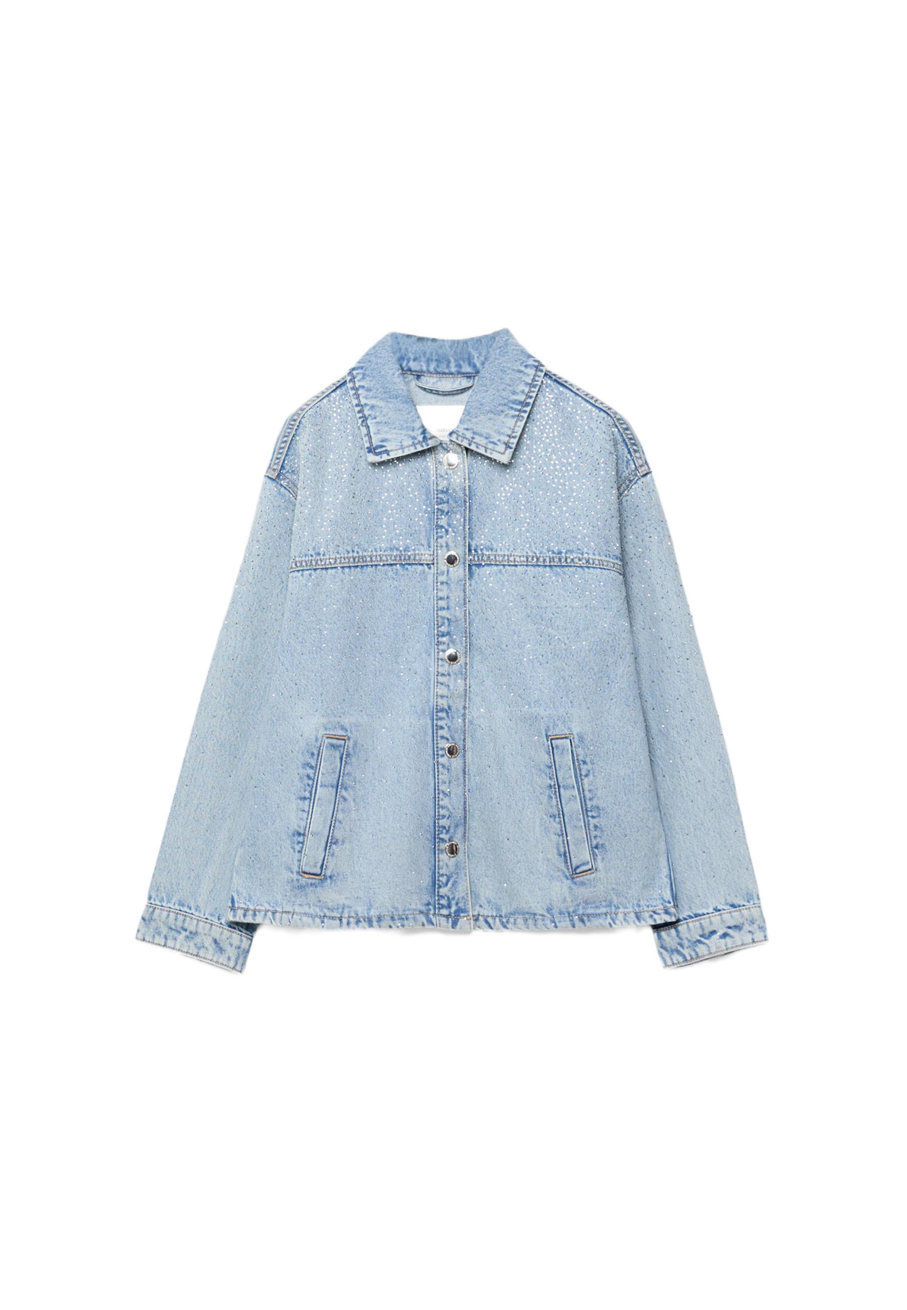 Denim jacket with patch pockets and rhinestones — MEDIUM LIGHT BLUE DENIM