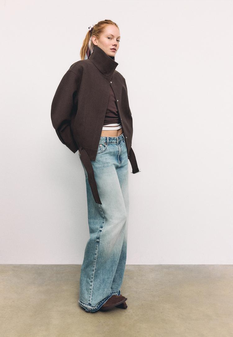 Stradivarius Μπουφάν Balloon Oversize Με Απαλή Υφή Καφέ Xs