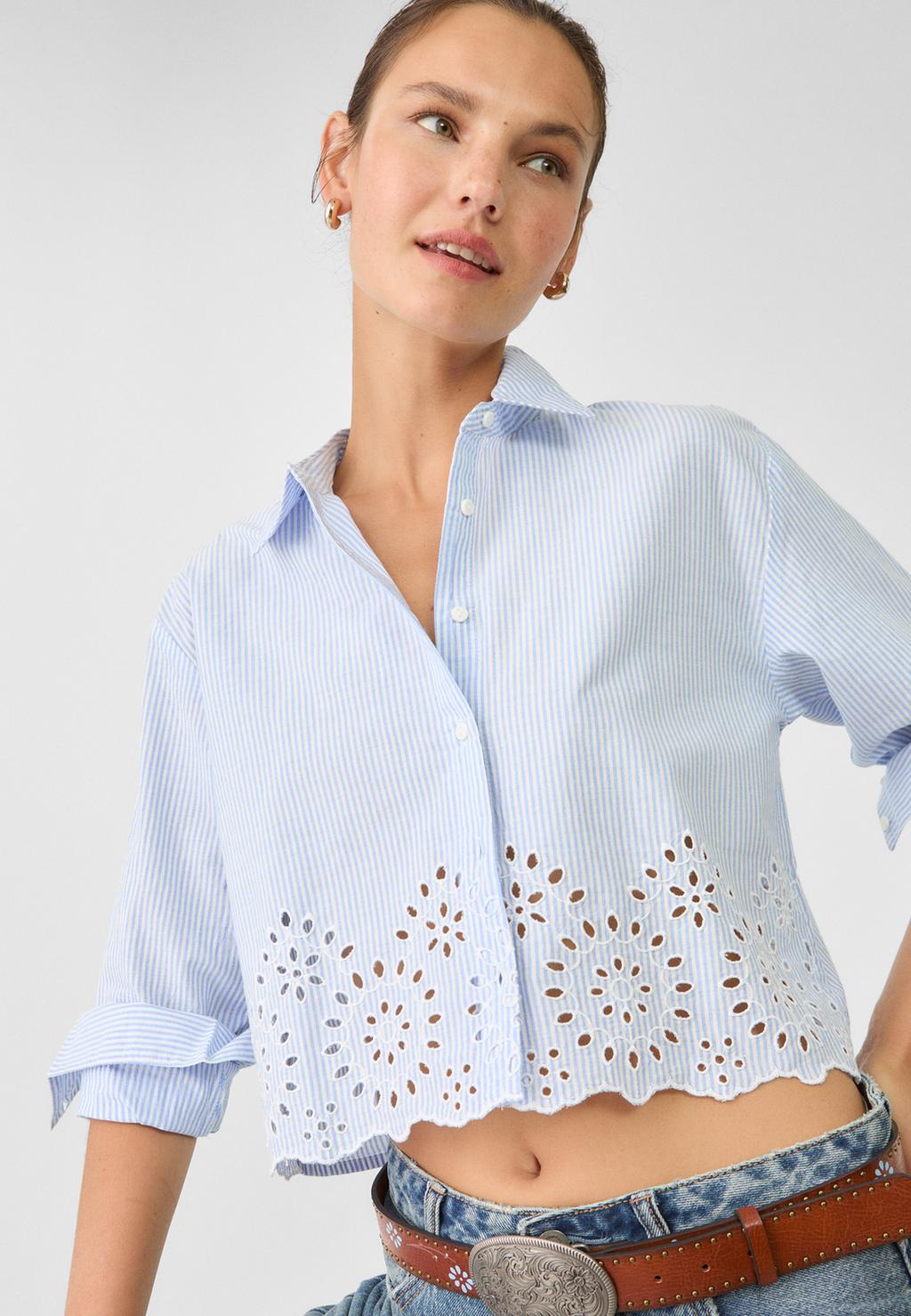 Striped embroidered poplin cropped shirt