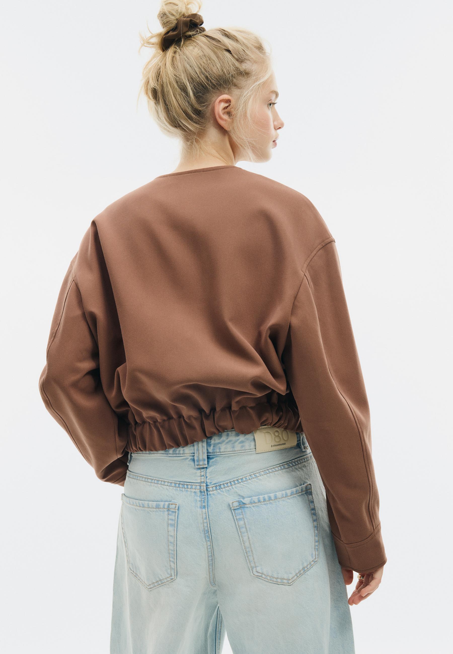 Puff sleeve round neck jacket — Brown
