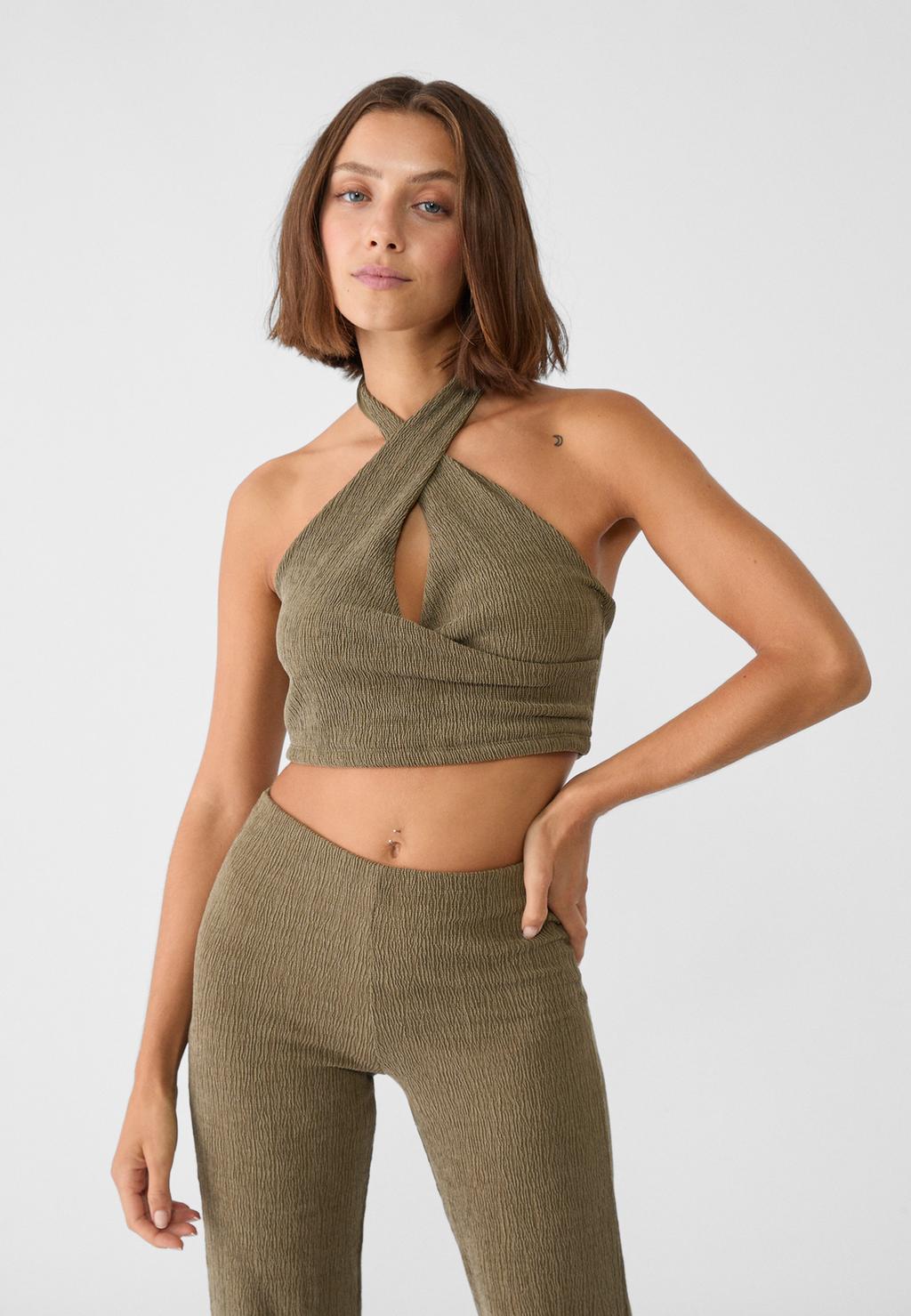 Short creased-effect halter top