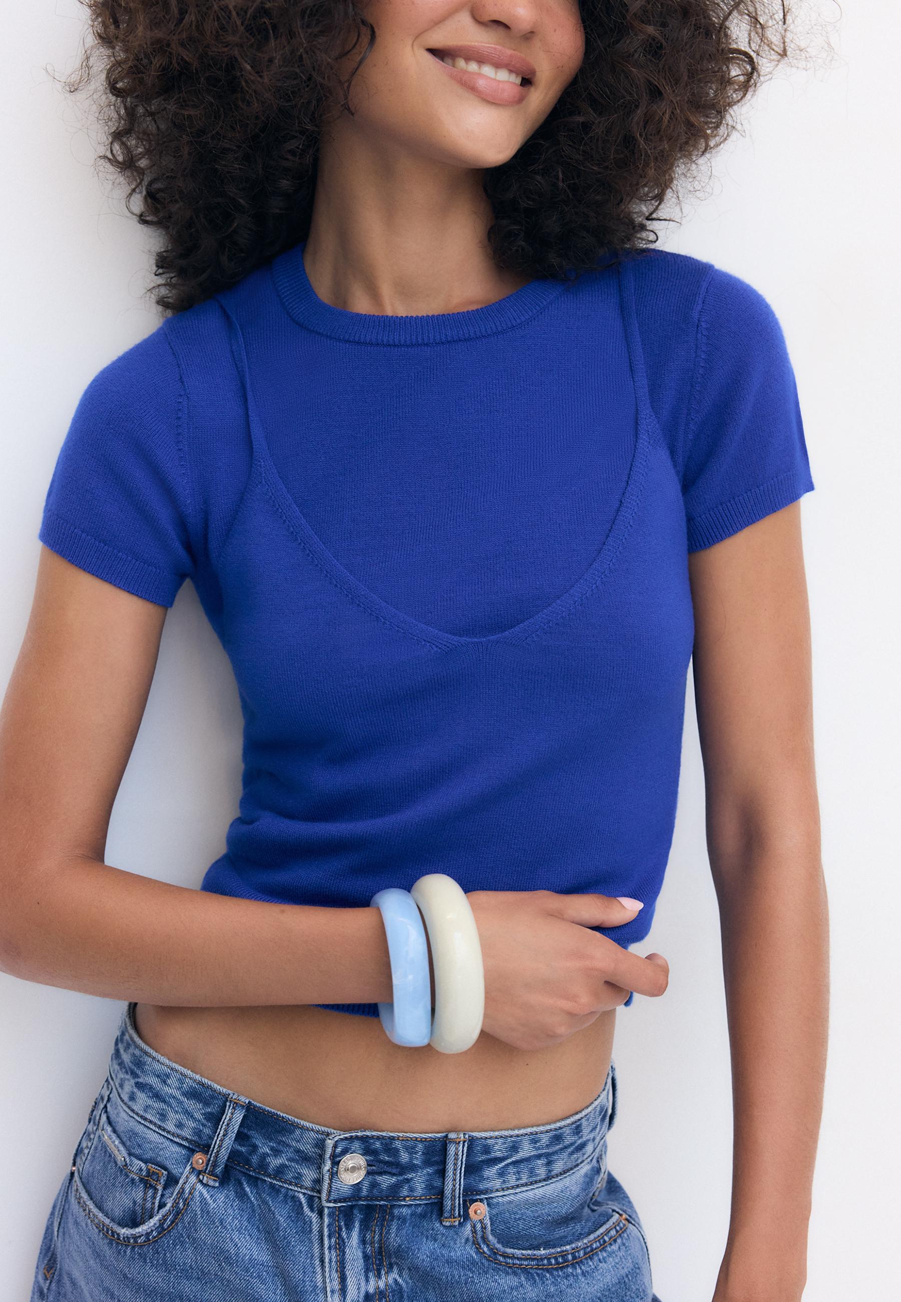 Short-sleeved knit jumper with overlay — Electric blue