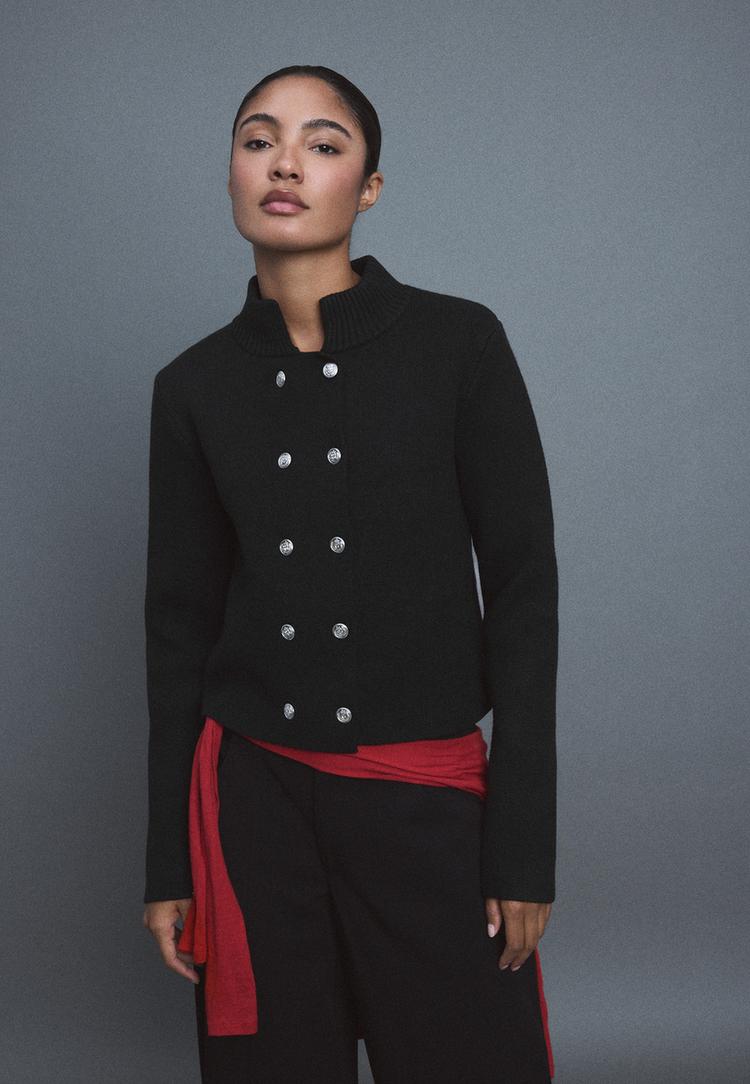 Double-breasted stand collar knit cardigan — Black