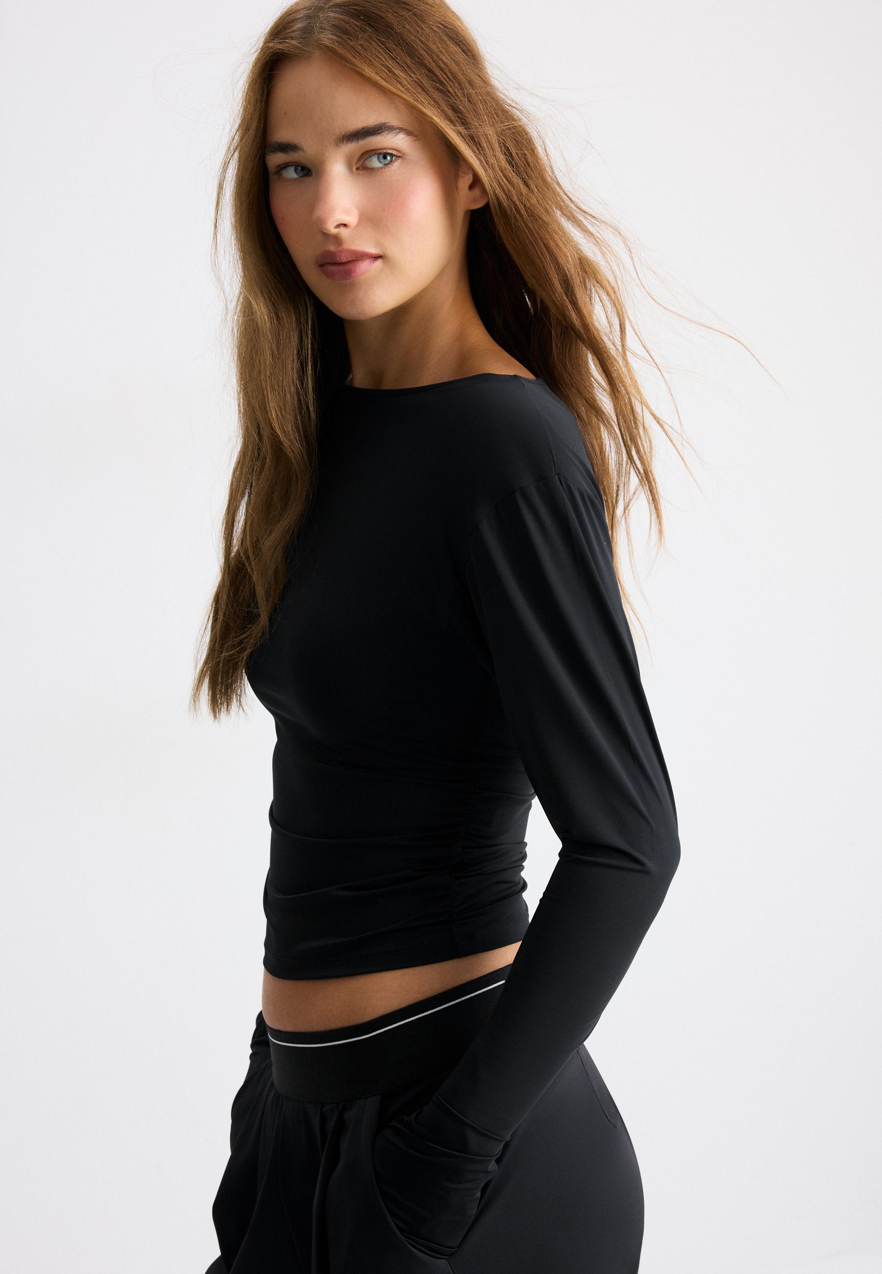 Long sleeve gathered polyamide T-shirt — Black