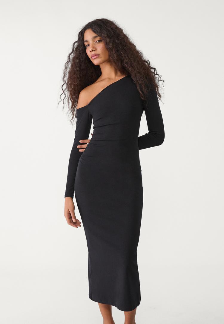 vestido largo escote asimetrico