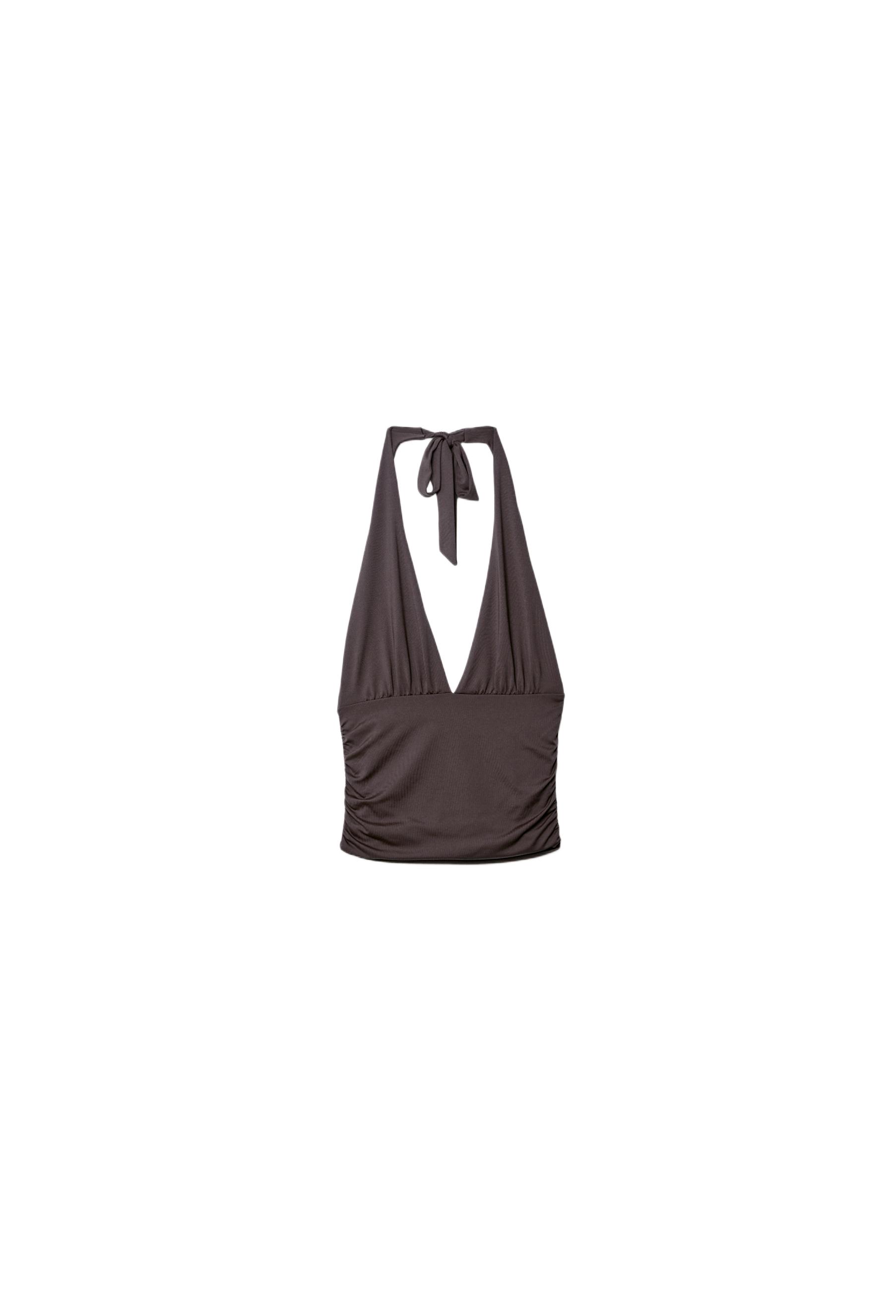 Ruched halter top with neck tie — Brown