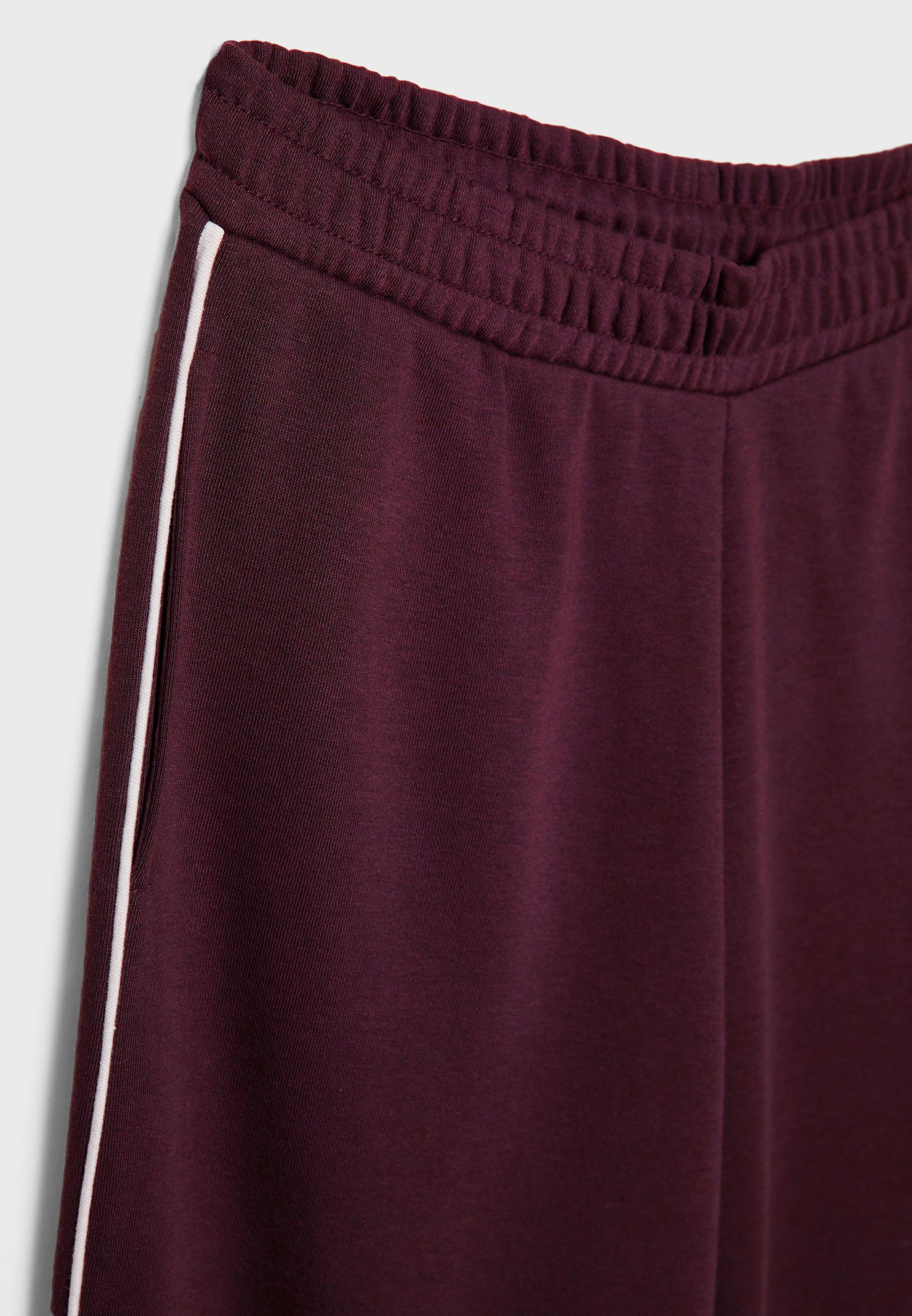 Wide-leg plush trousers with trim detail — Burgundy