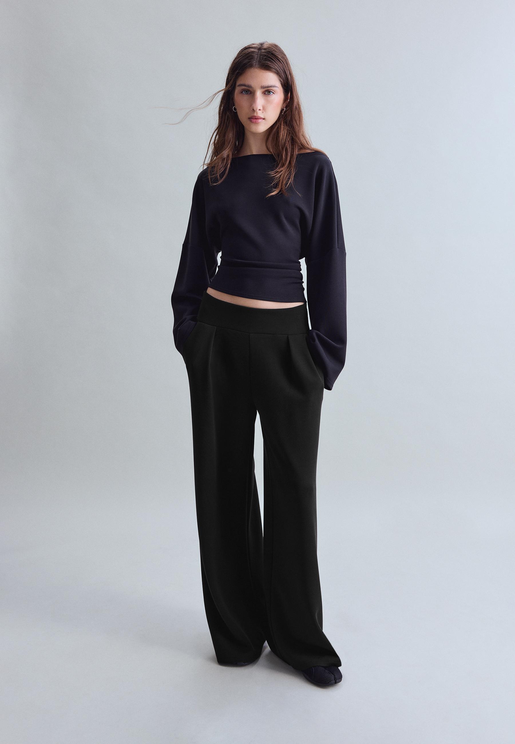 Soft-touch wide-leg trousers with darts — Black