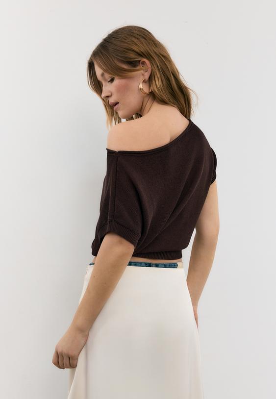 Stradivarius Rustic Knit Boat Neck Top Brown M