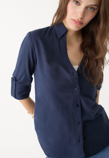 Linen blend shirt with pocket — Navy blue 4