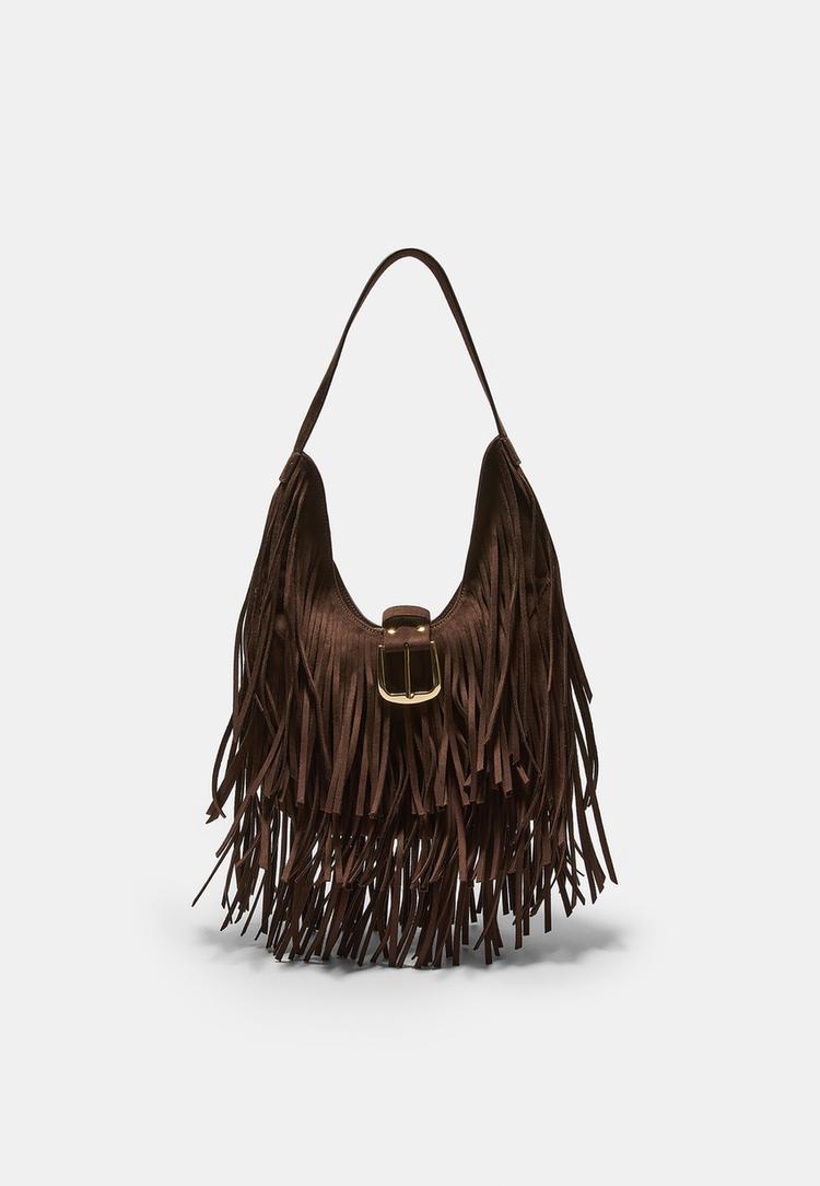 Stradivarius Τσάντα Ώμου Με Κρόσσια Και Αγκράφα Καφέ Os