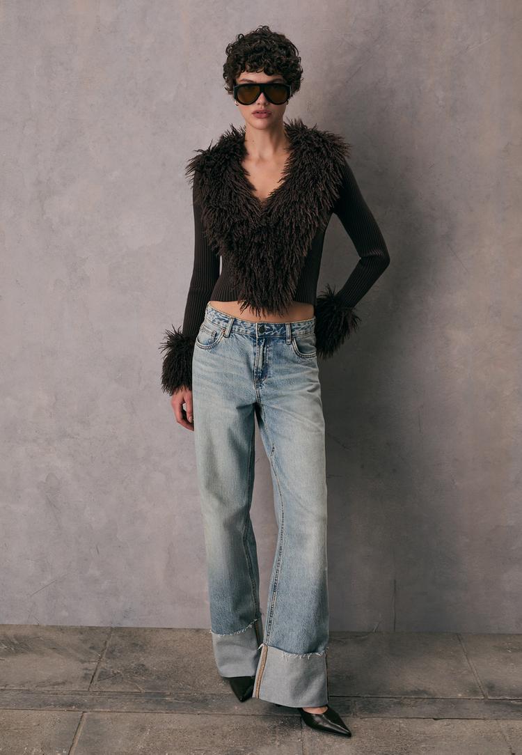 knit cardigan with detachable faux fur