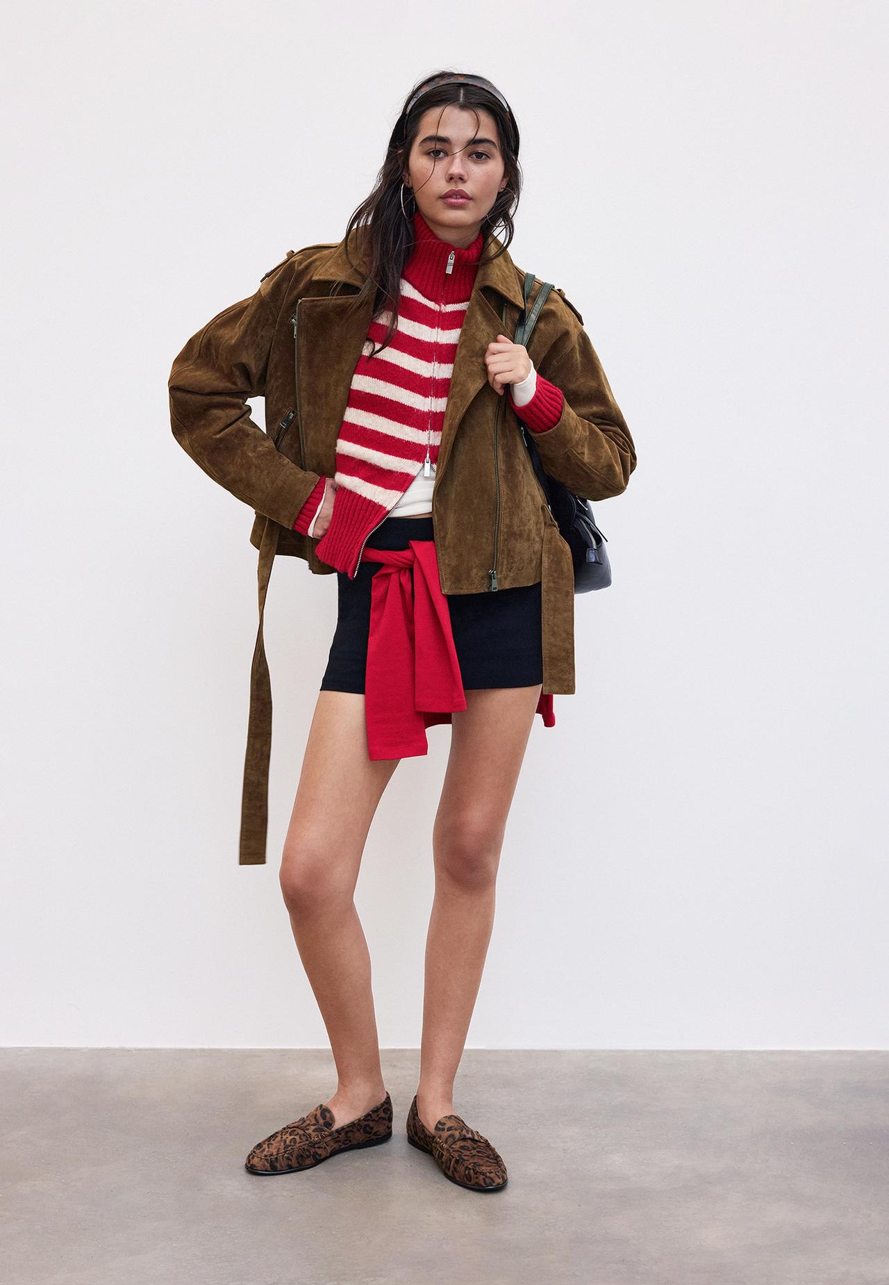 Striped zip-up knit cardigan — Red