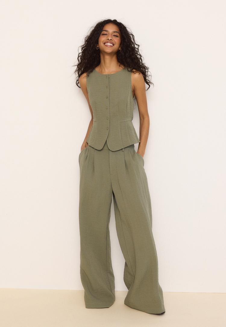 Adjustable rustic wide-leg button trousers — Khaki