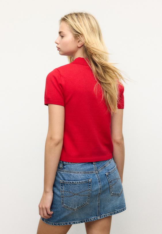 Stradivarius Short Sleeve Knit Polo Neck Jumper Red S