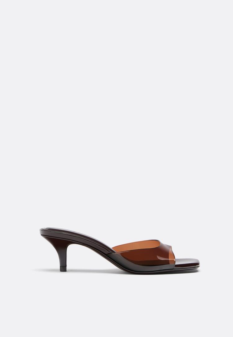 Stradivarius Mules Με Τακούνι Από Βινύλιο Καφέ 38