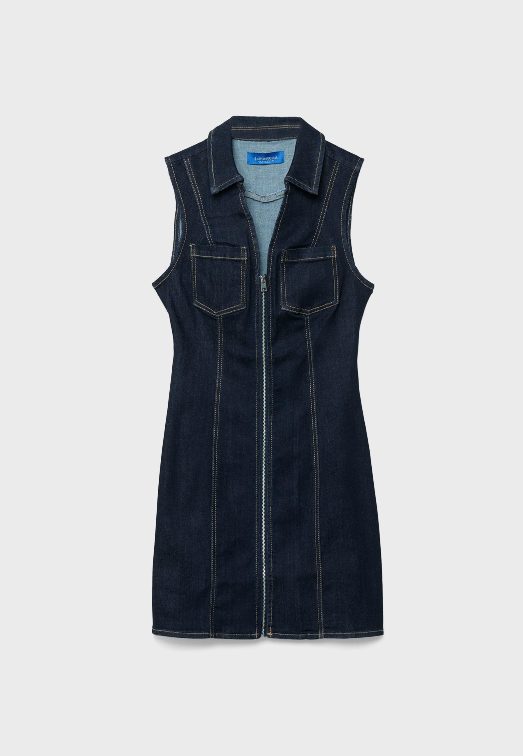 Short sleeveless denim dress with zip — OVERDYED BLUE DENIM