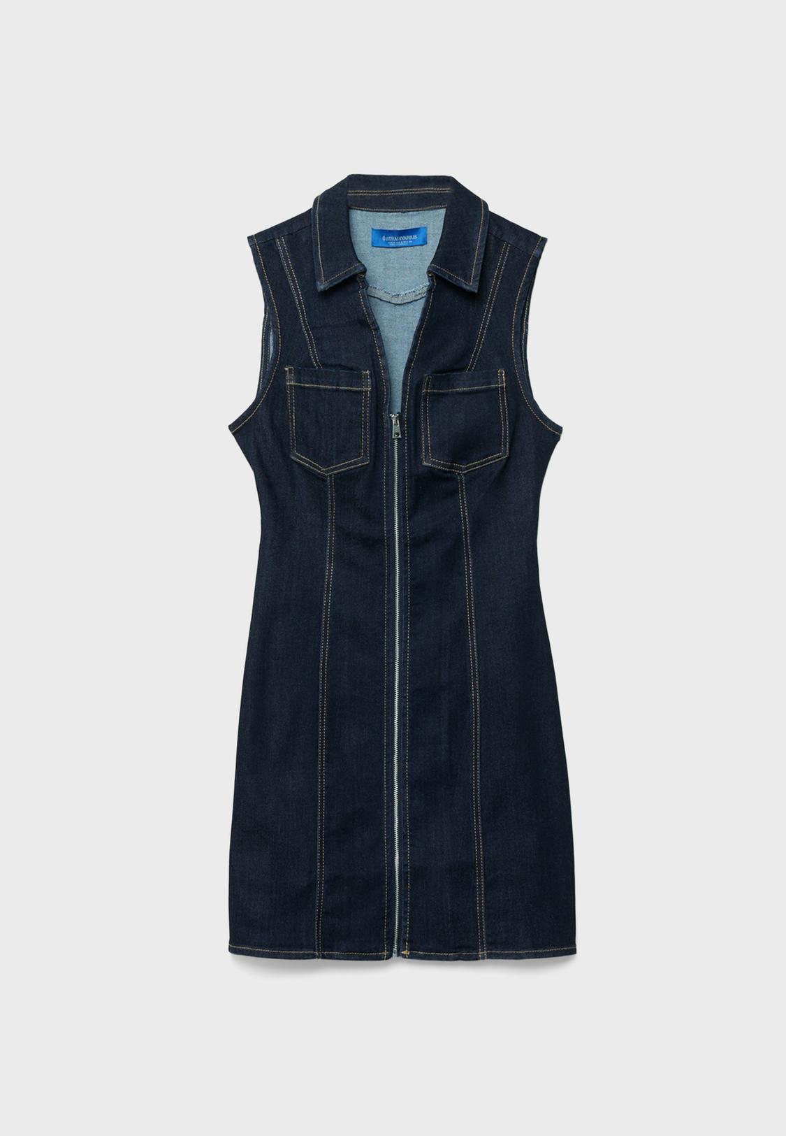 Stradivarius Short Sleeveless Zip-Up Denim Dress Overdyed Blue Denim S Stradivarius Short Sleeveless Zip-Up Denim Dress Overdyed Blue Denim S