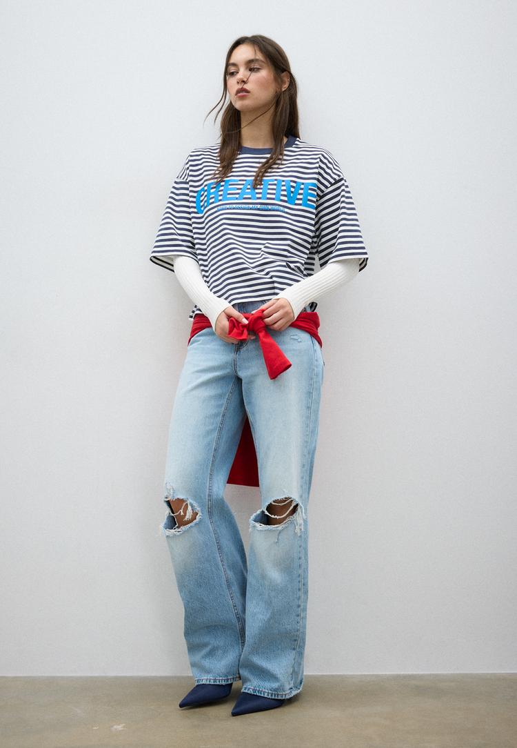 Stradivarius Stribet Kortærmet T-Shirt Med Print L