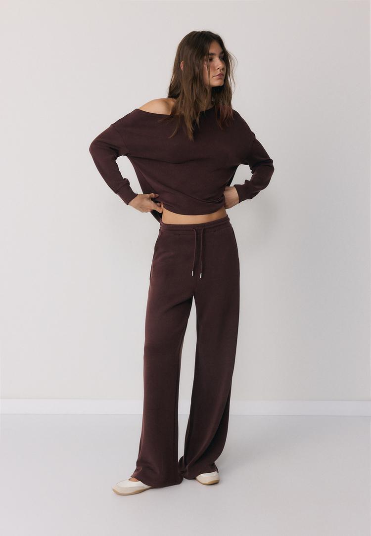 Stradivarius Παντελόνι Jogger Palazzo Απαλής Υφής Καφέ Xl