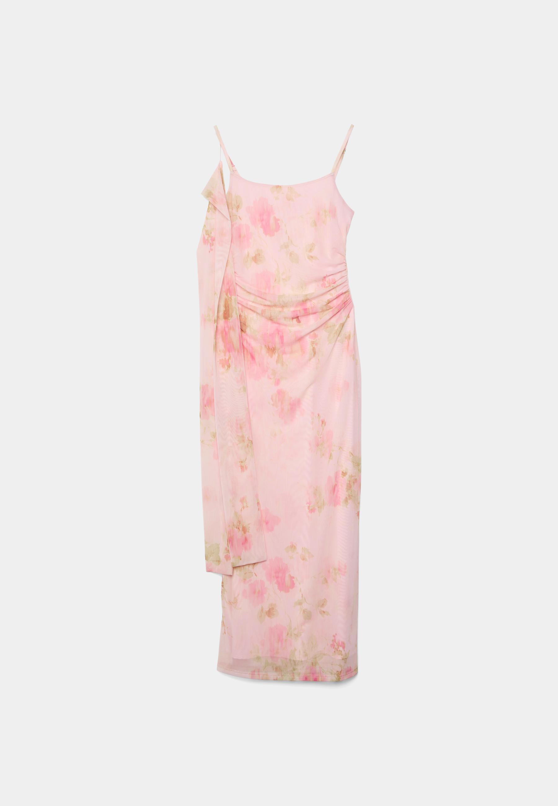 Printed tulle midi dress with scarf — Pastel pink