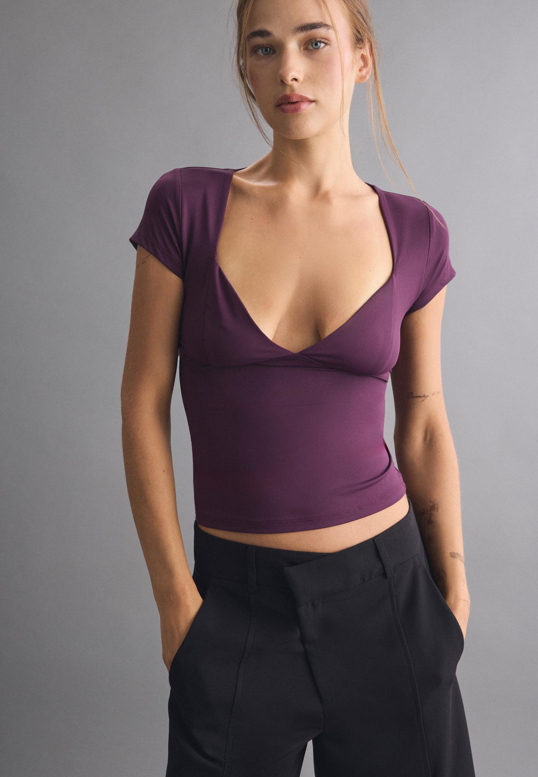Polyamide V-neck cap sleeve T-shirt — Purple