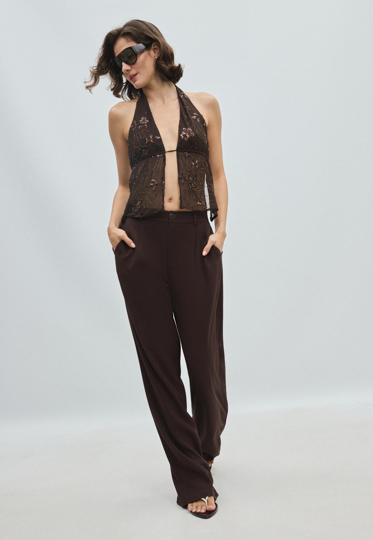 Straight-leg linen-effect trousers — Brown