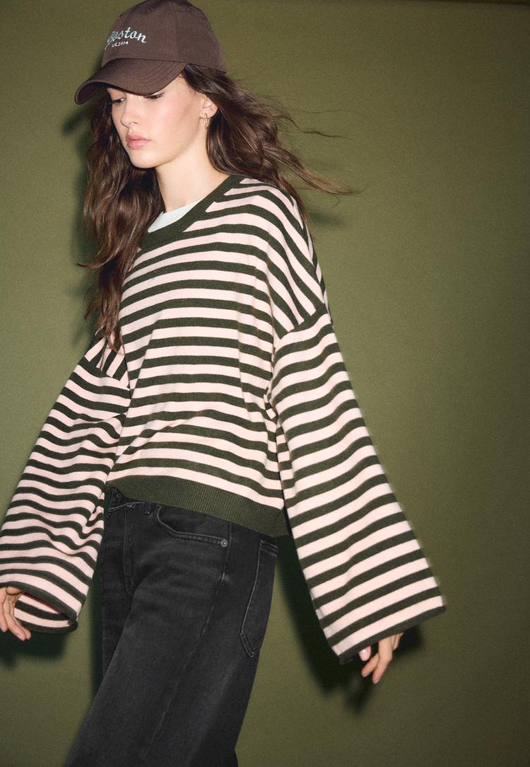 Cropped wide sleeve knit jumper — Khaki