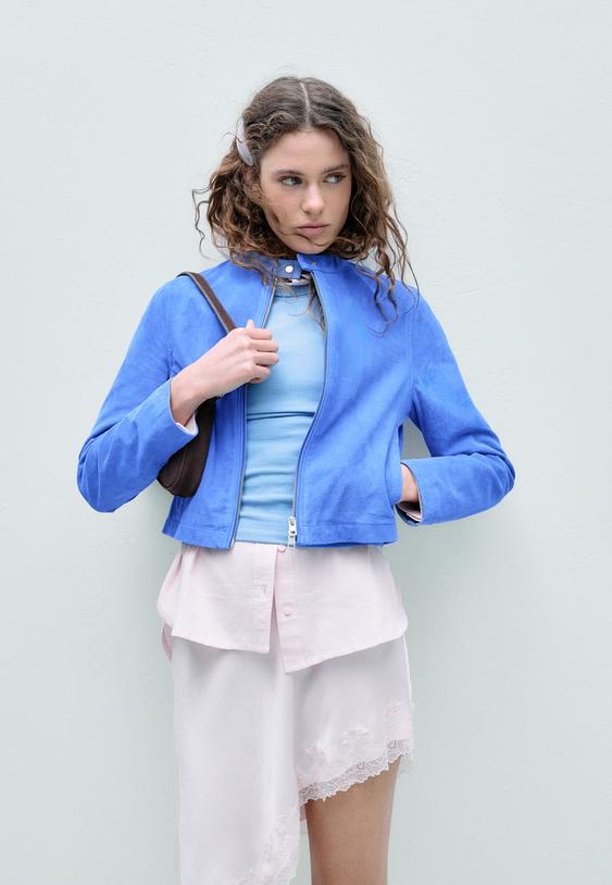 Stradivarius 100% Leather Biker Jacket Royal Blue Xs