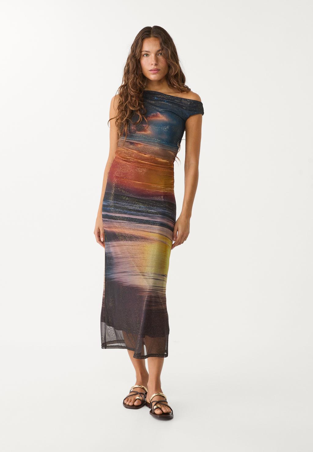 Asymmetric print midi dress