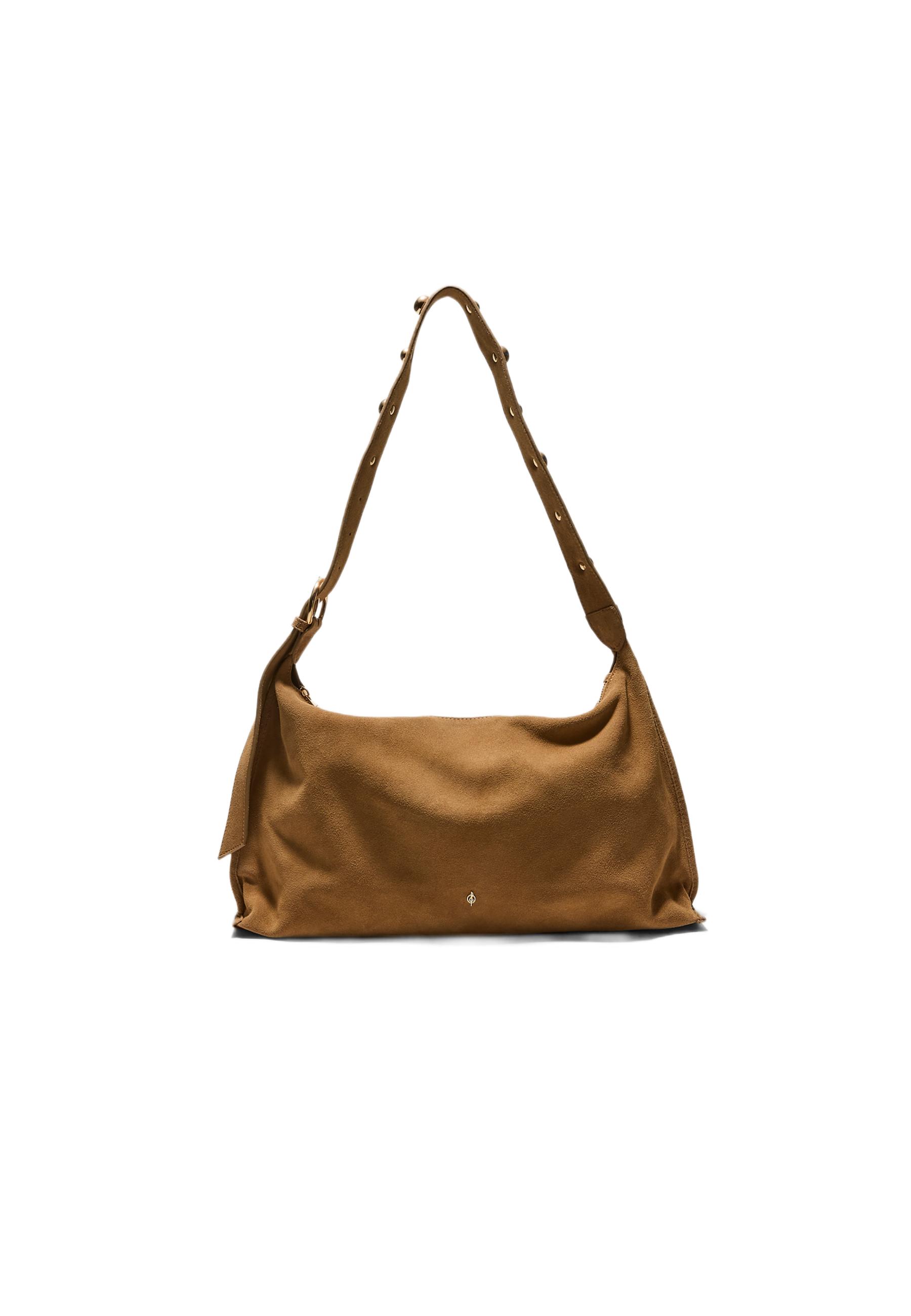 Studded flat shoulder bag, 100% leather — Beige