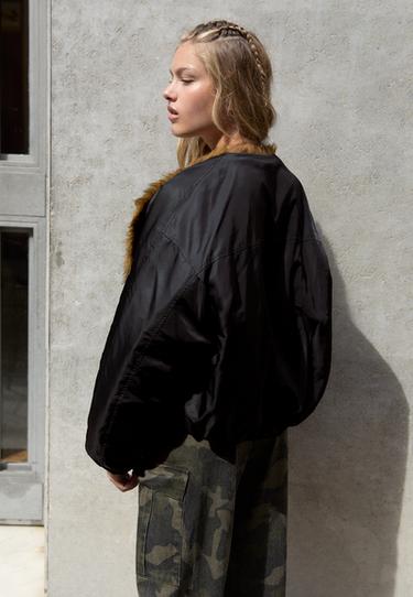 Faux fur lapel bomber jacket — Black 5