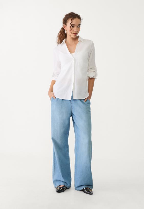 Stradivarius Loose Linen-Blend Shirt With A Pocket White Xl