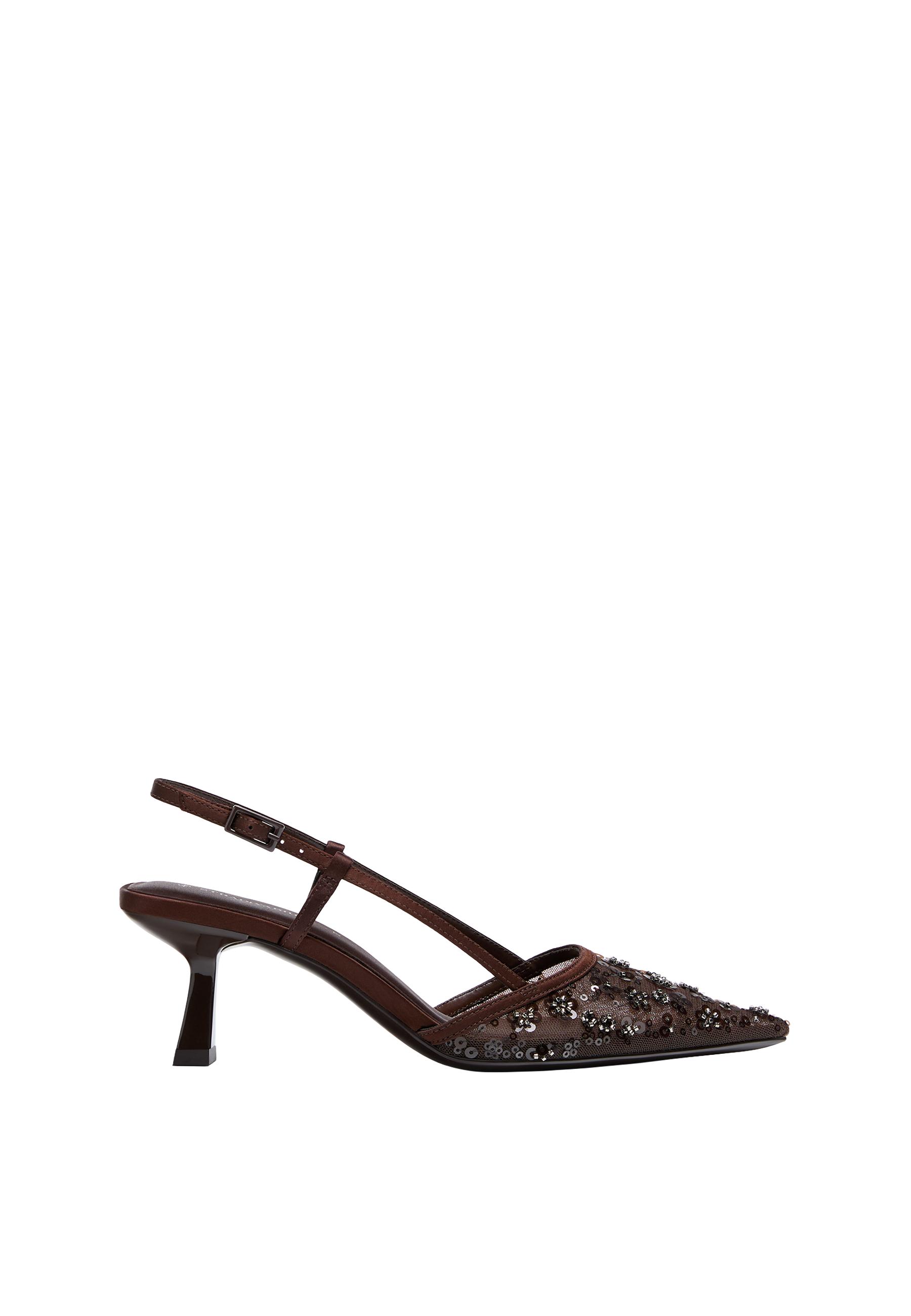 Mesh rhinestone kitten heel shoes — BROWN