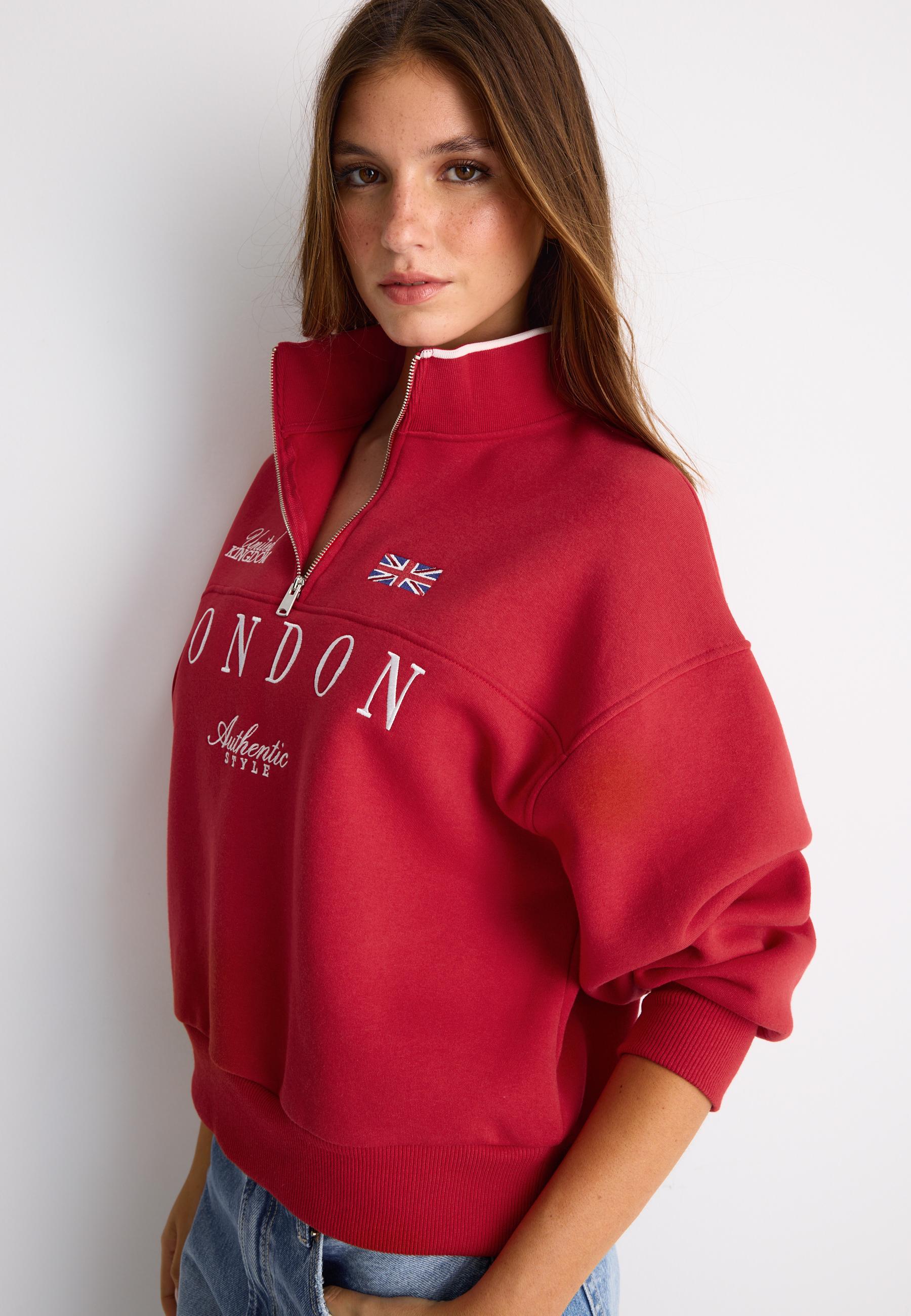 Embroidered Zip-Up Sweatshirt — Red