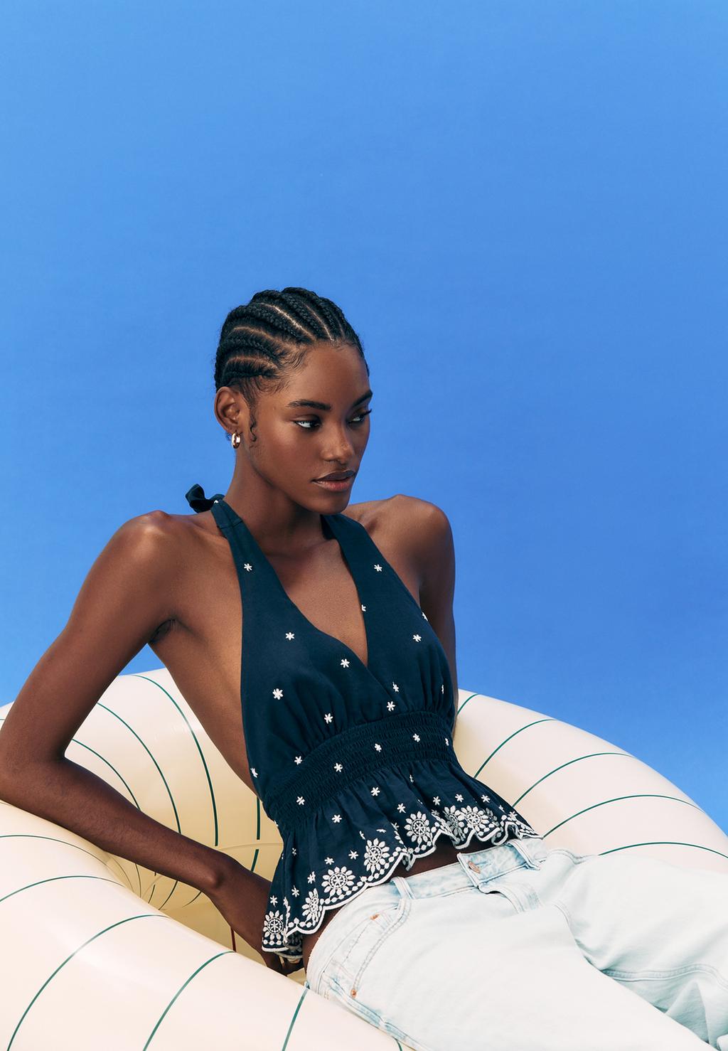 Halter top with contrast embroidery