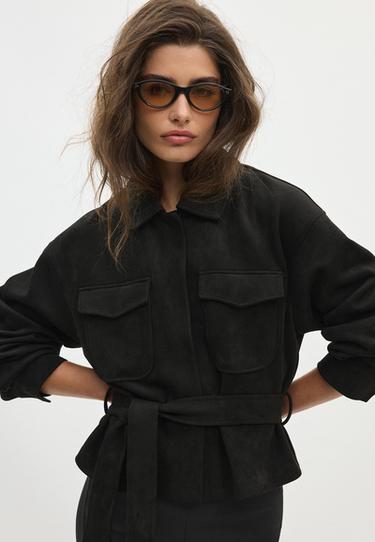 Cropped faux suede jacket — Black 1
