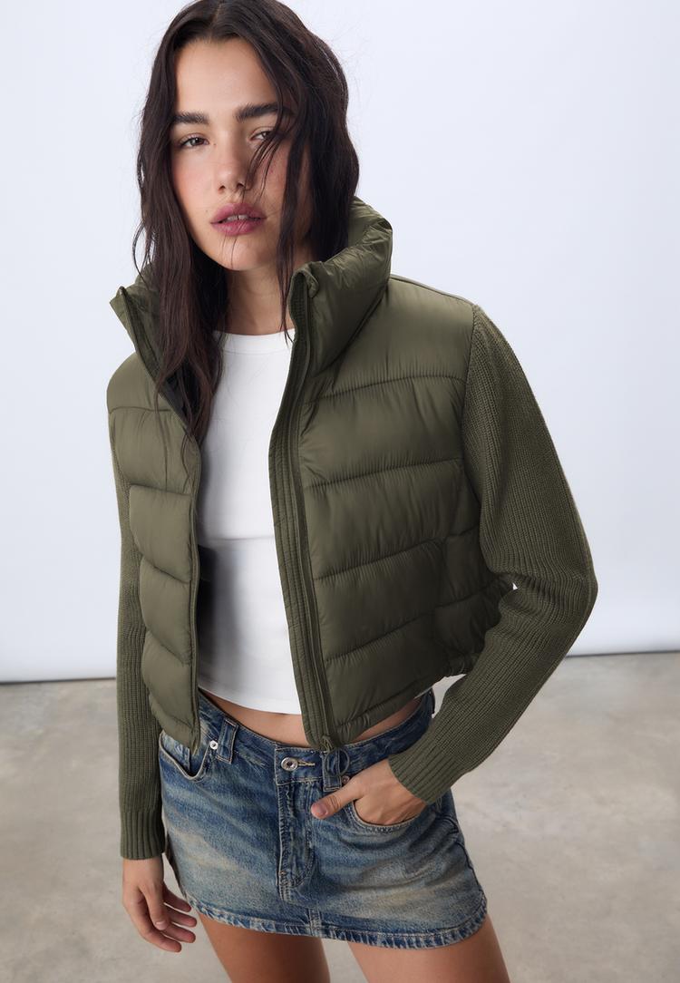 puffer jacket with chunky knit sleeves