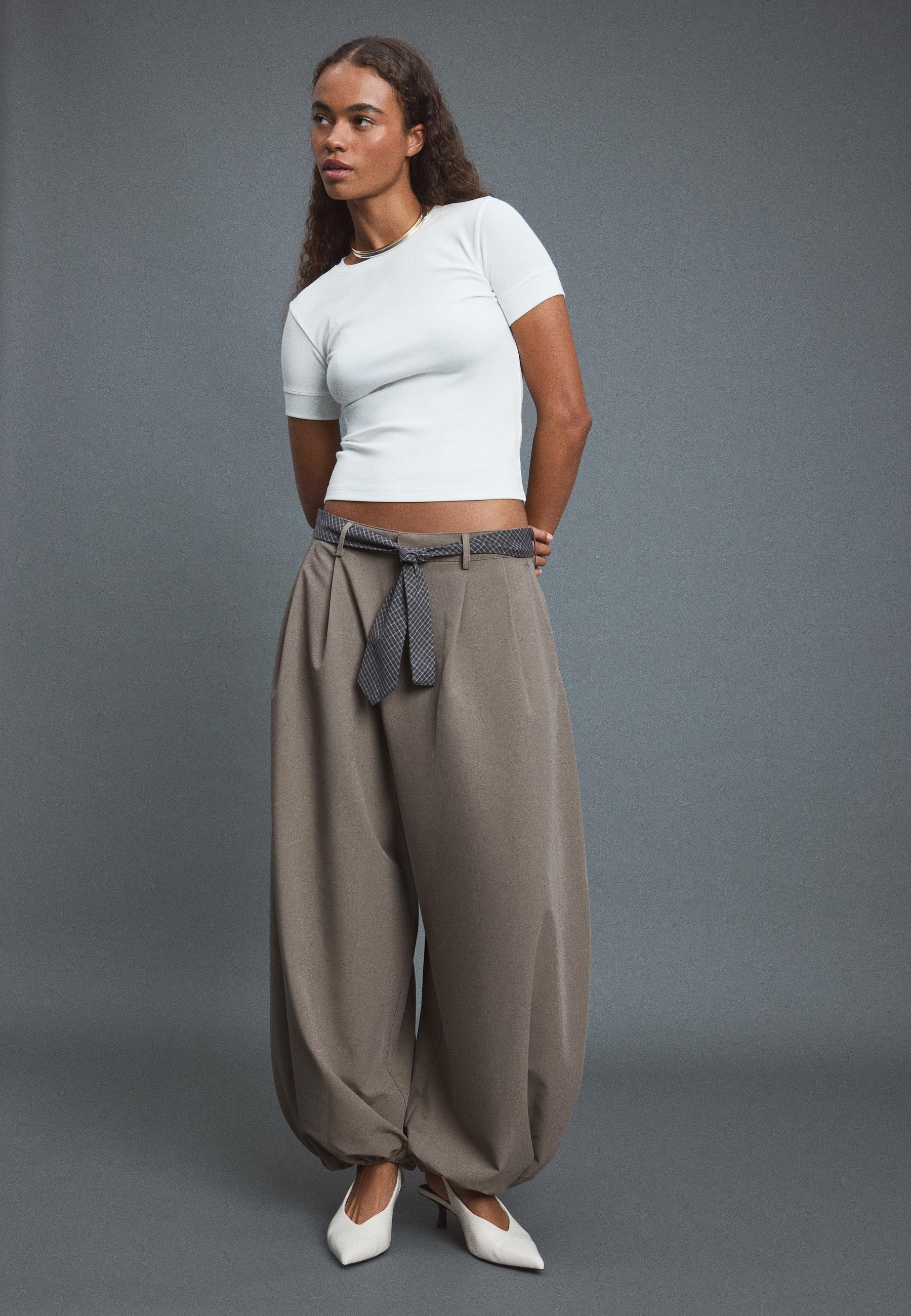 Voluminous sarouel trousers with tie belt — Brown