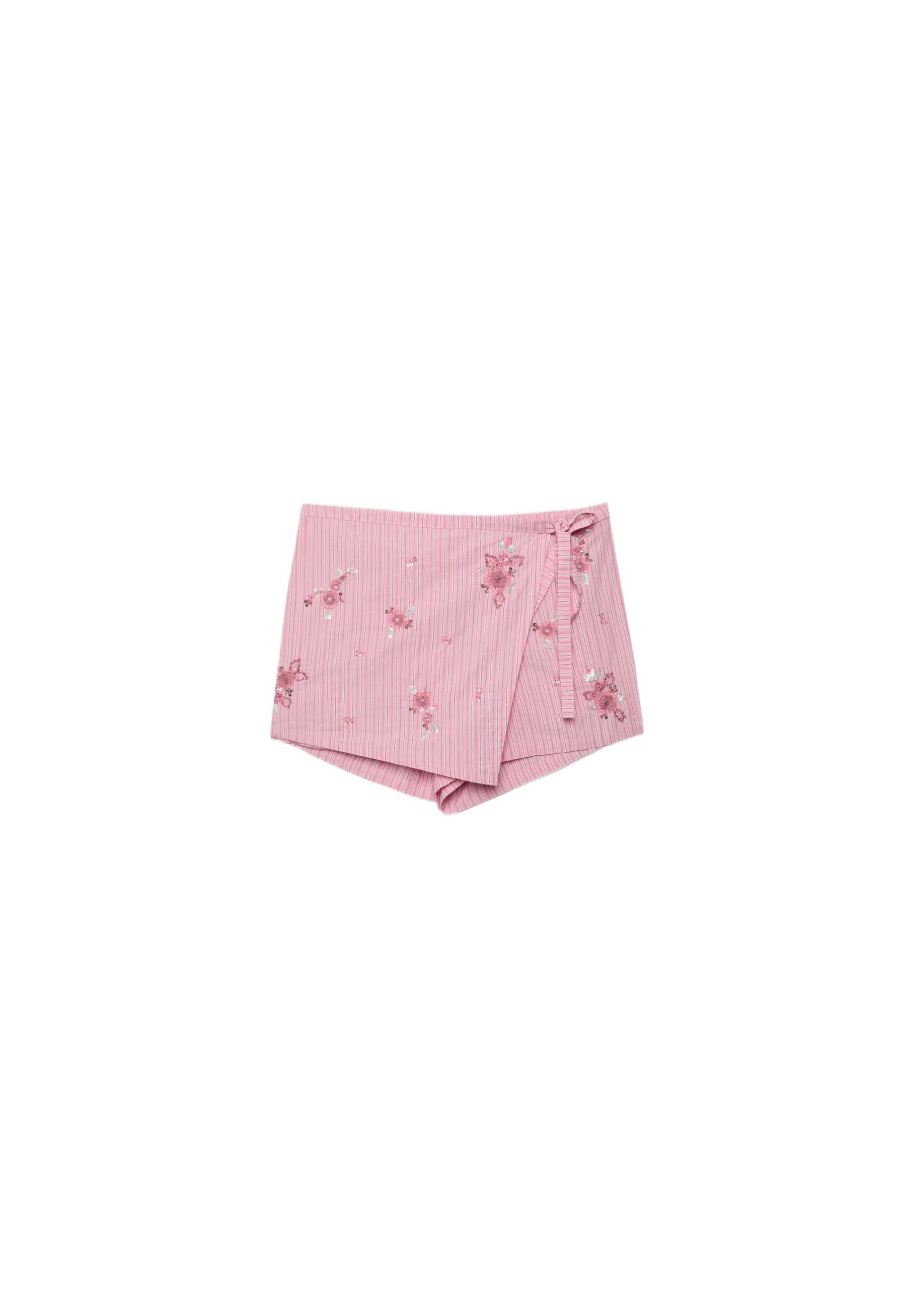 Embroidered striped sarong mini skort — Bubblegum pink
