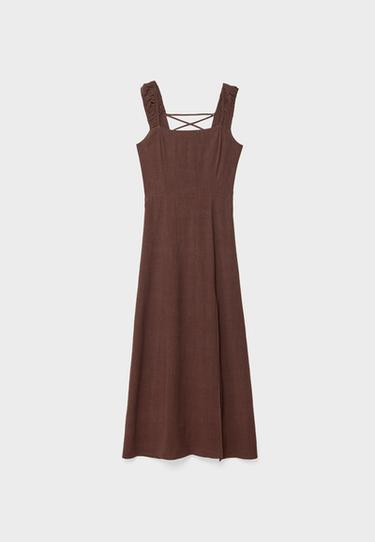 Keten görünümlü çapraz sırtlı midi elbise - Görsel 13