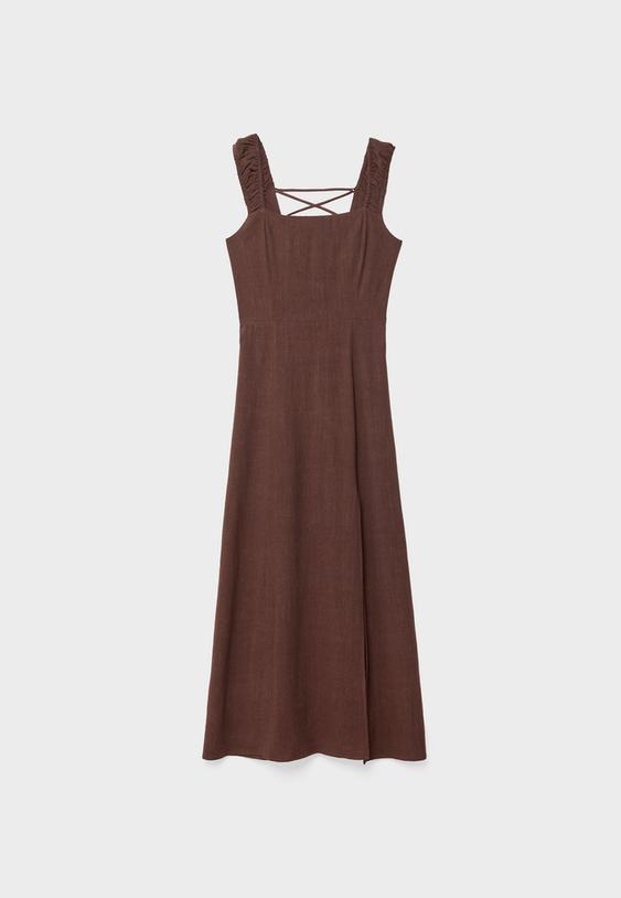 Keten görünümlü çapraz sırtlı midi elbise - Görsel 7