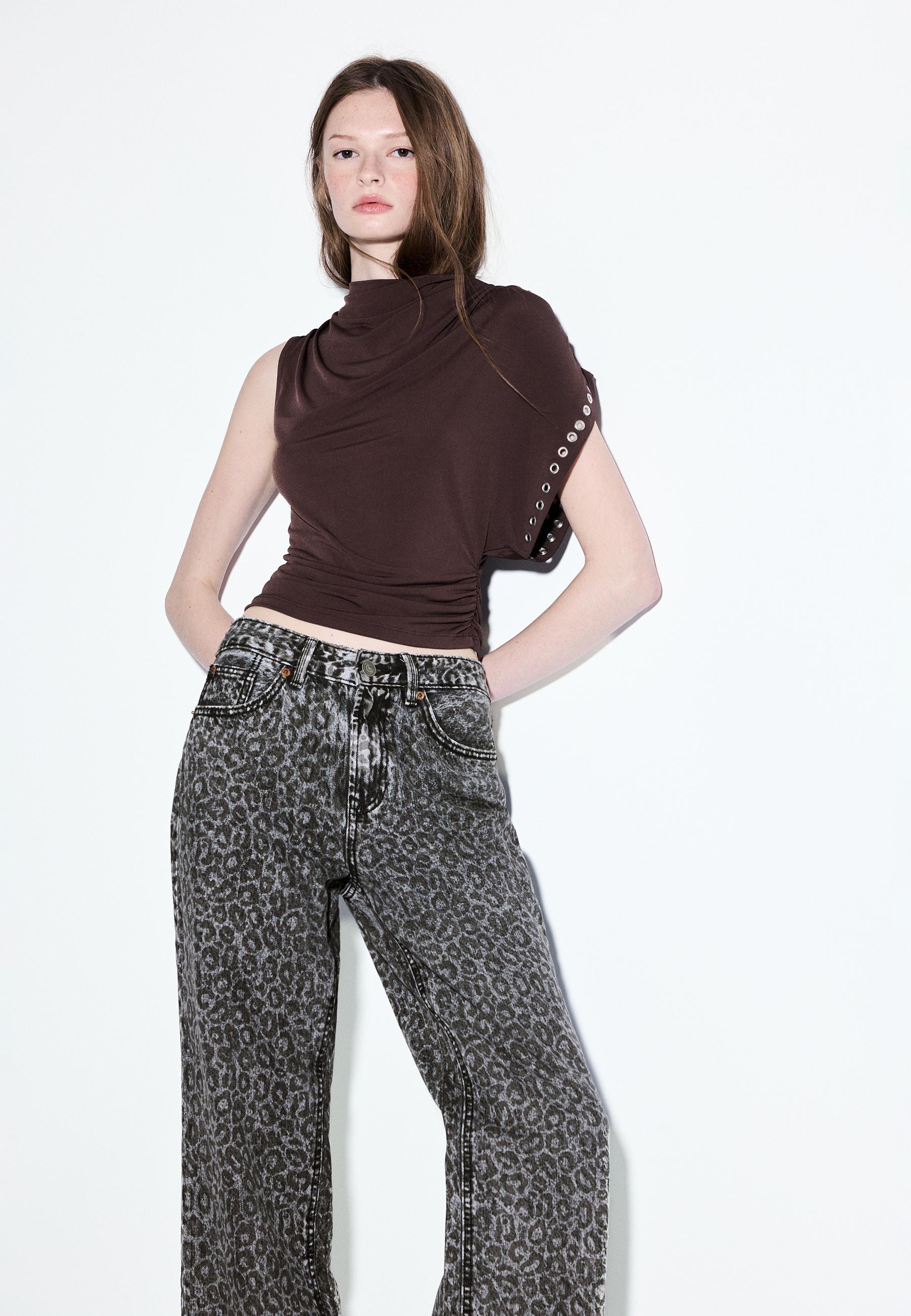 Straight wide-leg leopard print jeans — BLACK DENIM WASHED EFFECT