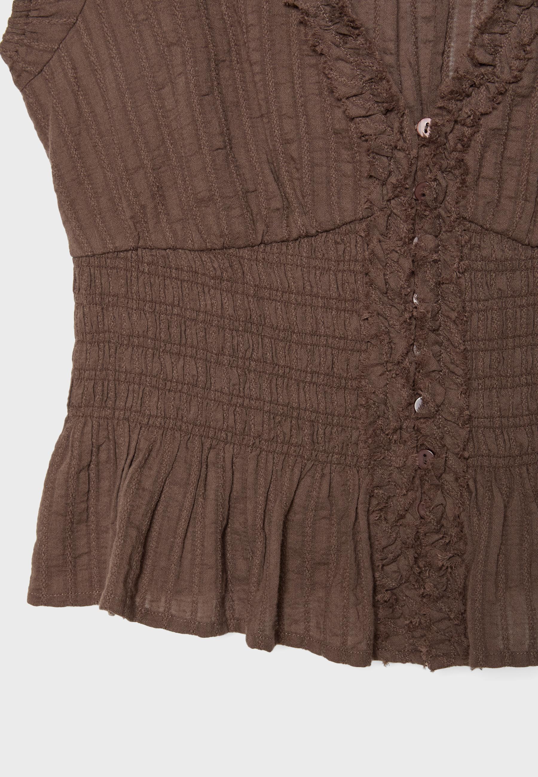 Short sleeve shirred shirt — Brown